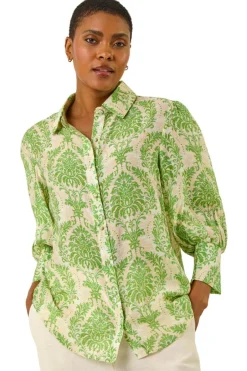 Tops>Roman Green Floral Print Collared Shirt