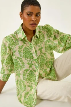 Tops>Roman Green Floral Print Collared Shirt