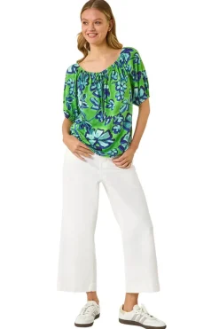 Tops>Roman Green Floral Print Bardot Stretch Top