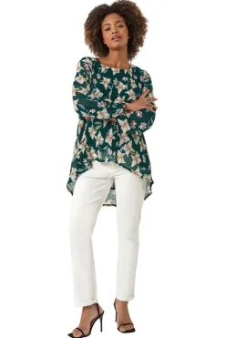 Tops>Roman Green Floral Print Pleated Tunic Top