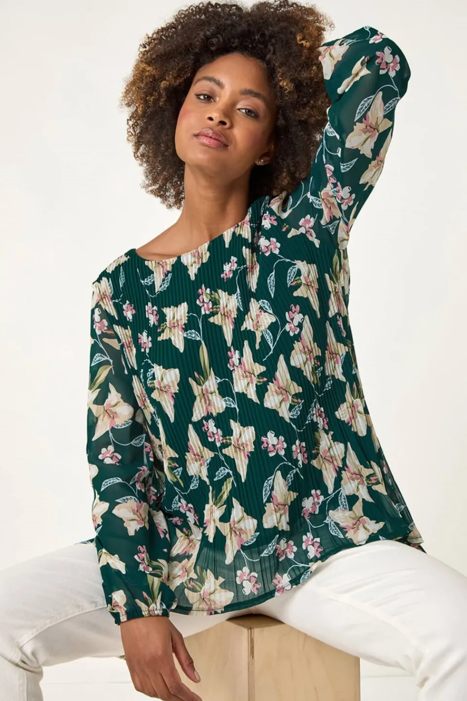 Tops>Roman Green Floral Print Pleated Tunic Top