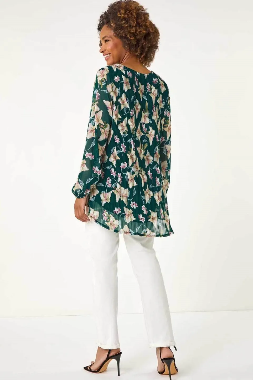Tops>Roman Green Floral Print Pleated Tunic Top