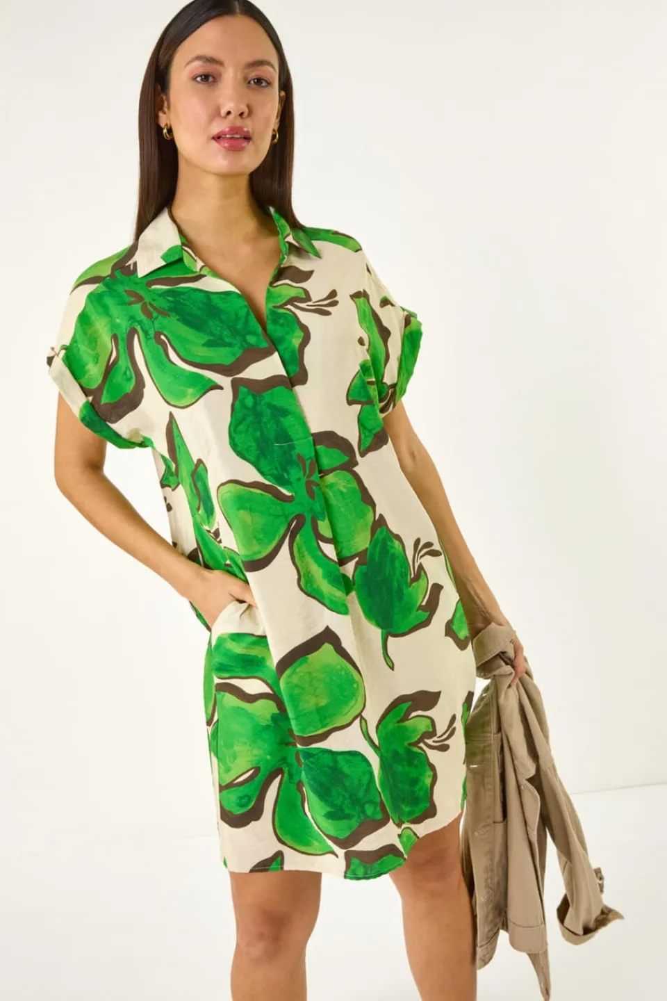 Dresses>Roman Green Leaf Print Cocoon Shift Dress