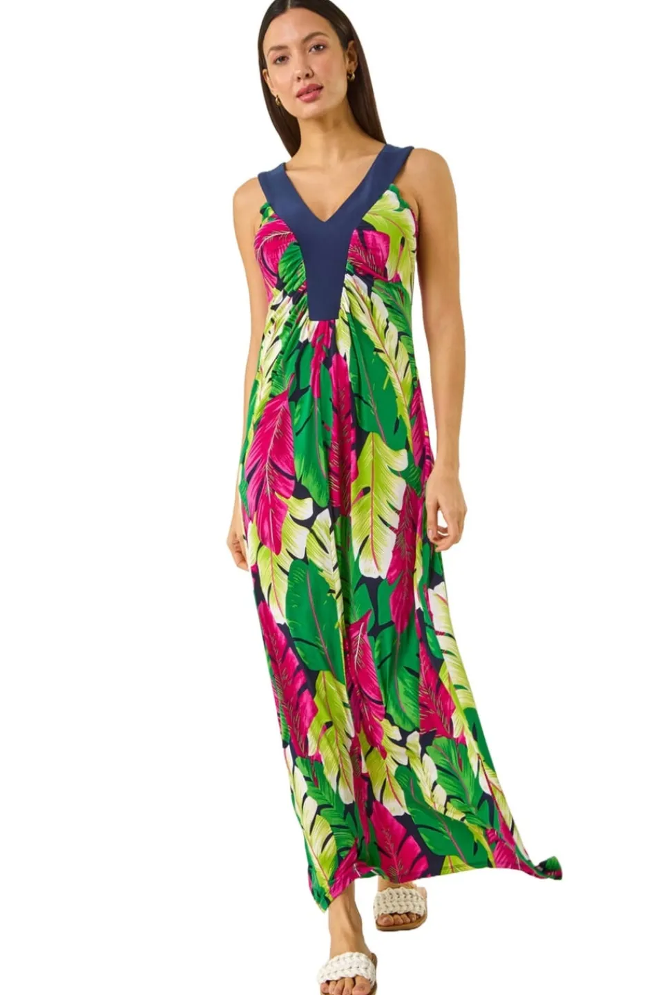 Dresses>Roman Green Leaf Print Contrast Band Maxi Dress