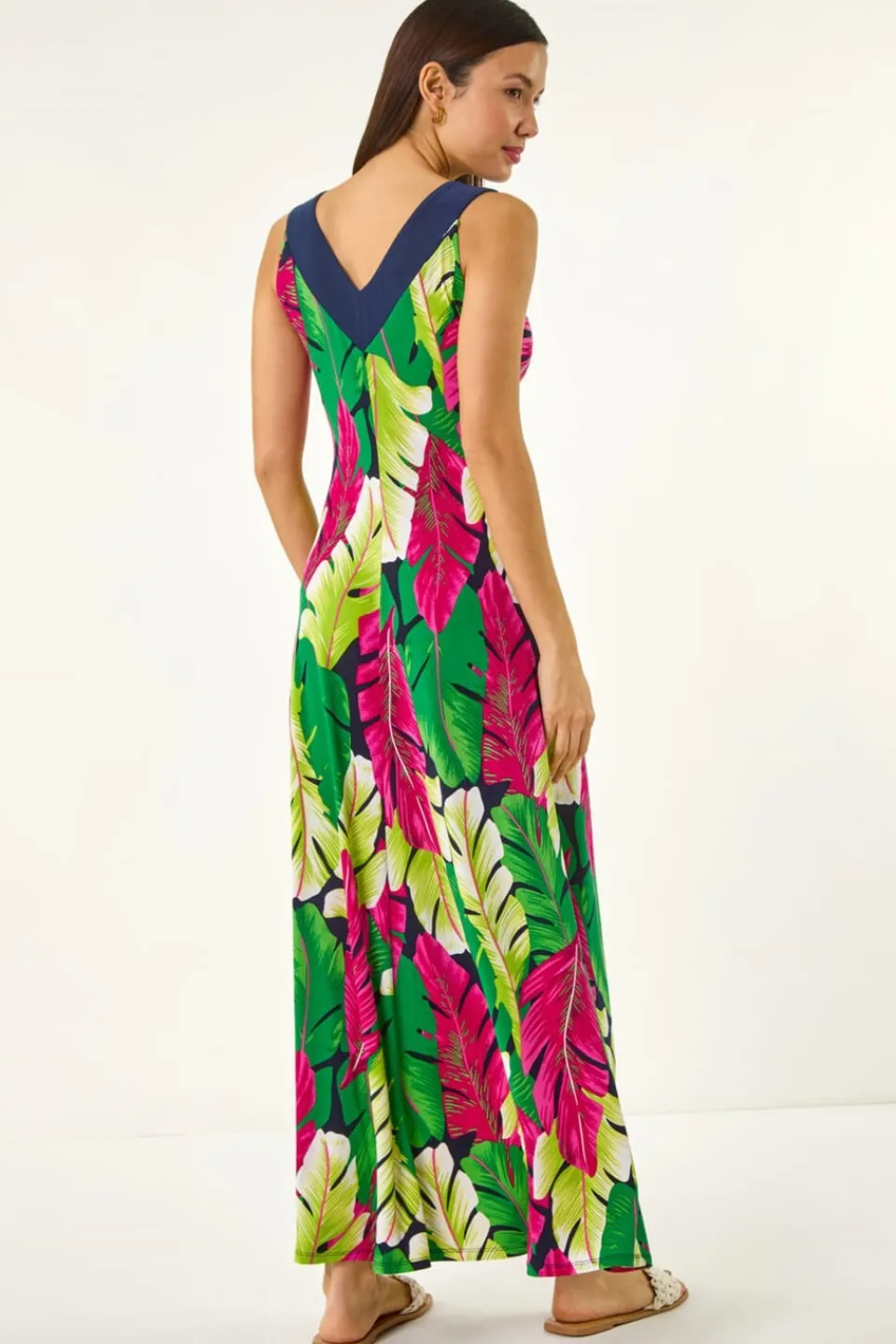 Dresses>Roman Green Leaf Print Contrast Band Maxi Dress