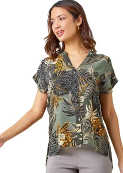 Tops>Roman Green Leaf Print Relaxed Shirt