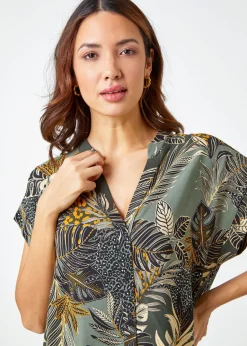 Tops>Roman Green Leaf Print Relaxed Shirt