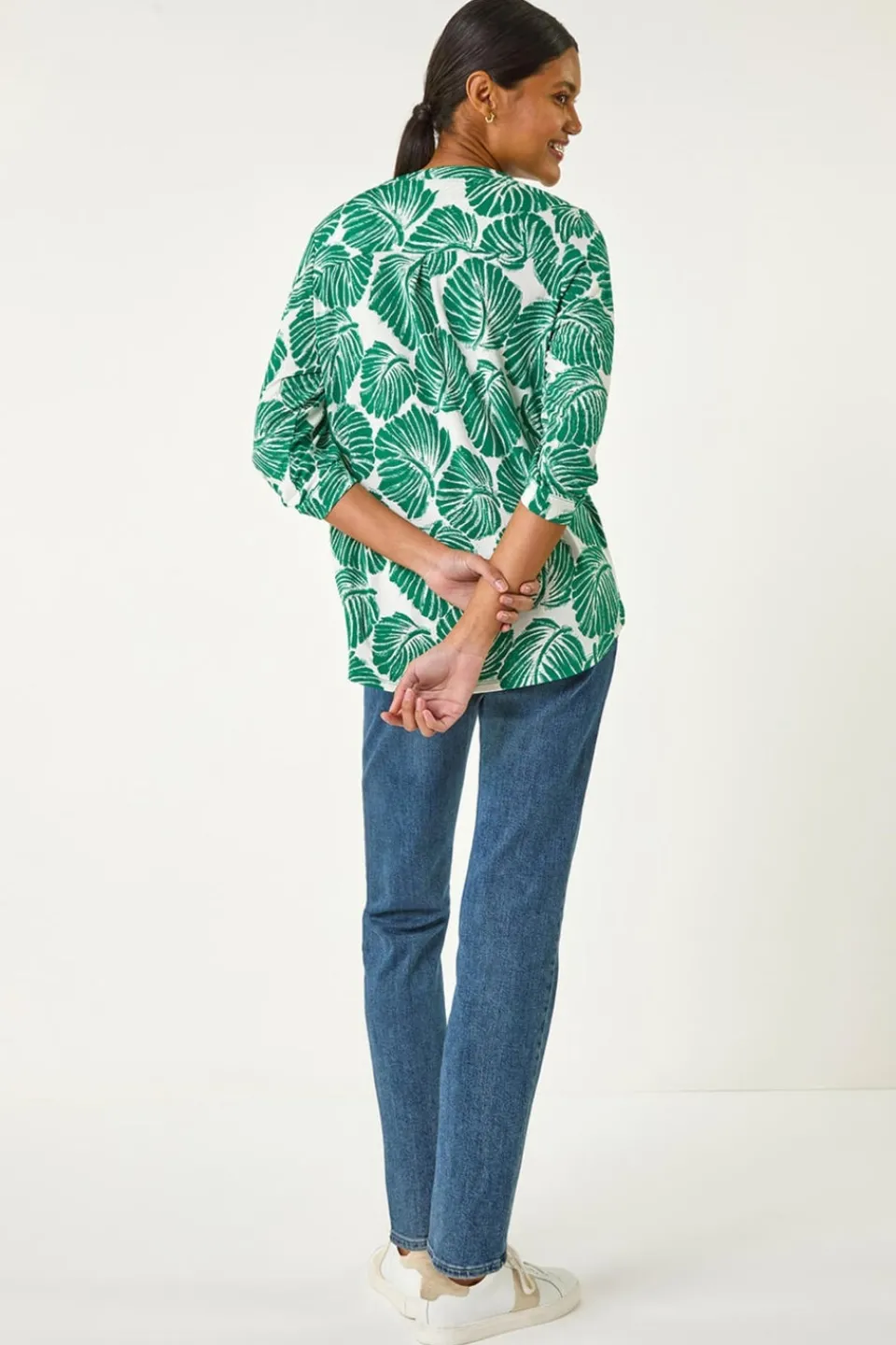 Tops>Roman Green Leaf Print Shoulder Pleat Shirt