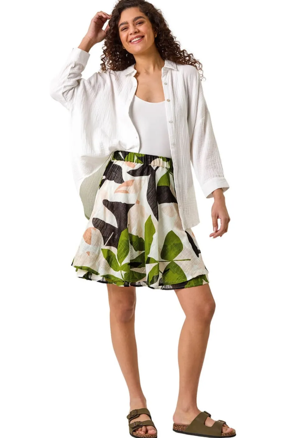 Shorts>Roman Green Leaf Print Short Skirt