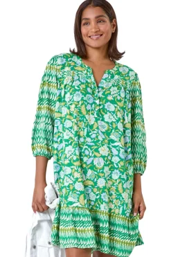 Dresses>Roman Green Paisley Border Print Smock Dress