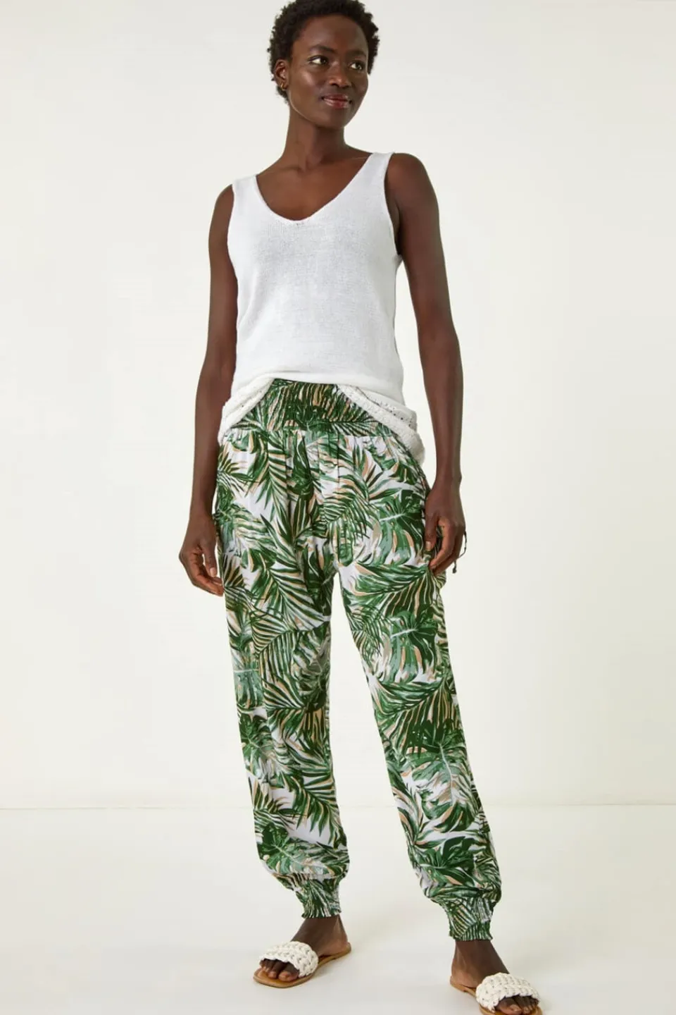 Trousers>Roman Green Palm Print Tie Pocket Trousers