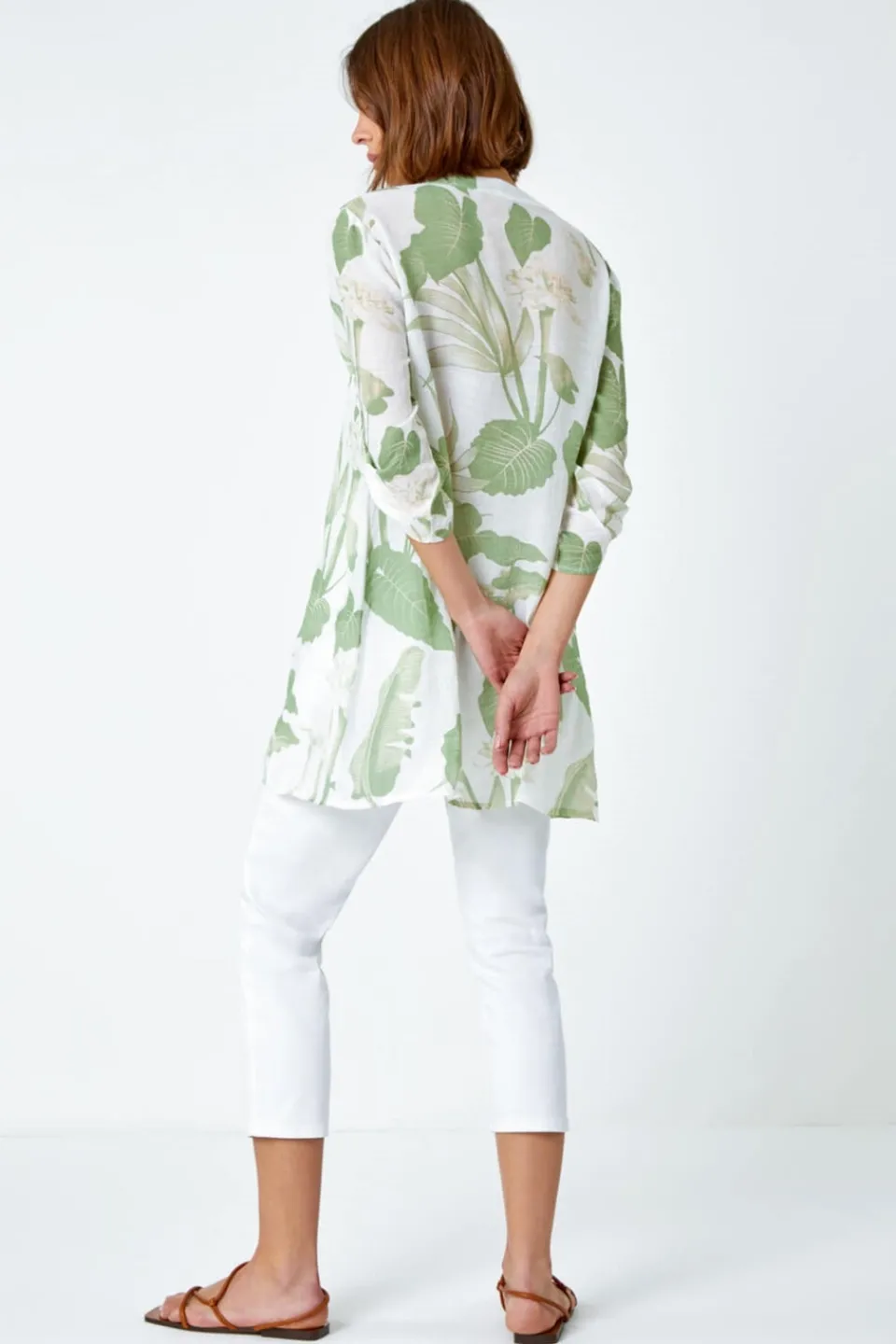 T-Shirts>Roman Palm Print V-Neck Wrap Hem Tunic Top Green