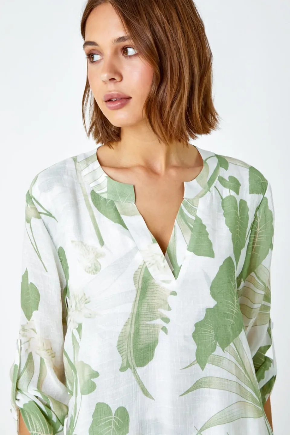 T-Shirts>Roman Palm Print V-Neck Wrap Hem Tunic Top Green