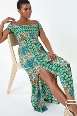 Dresses>Roman Green Patchwork Shirred Bardot Maxi Dress