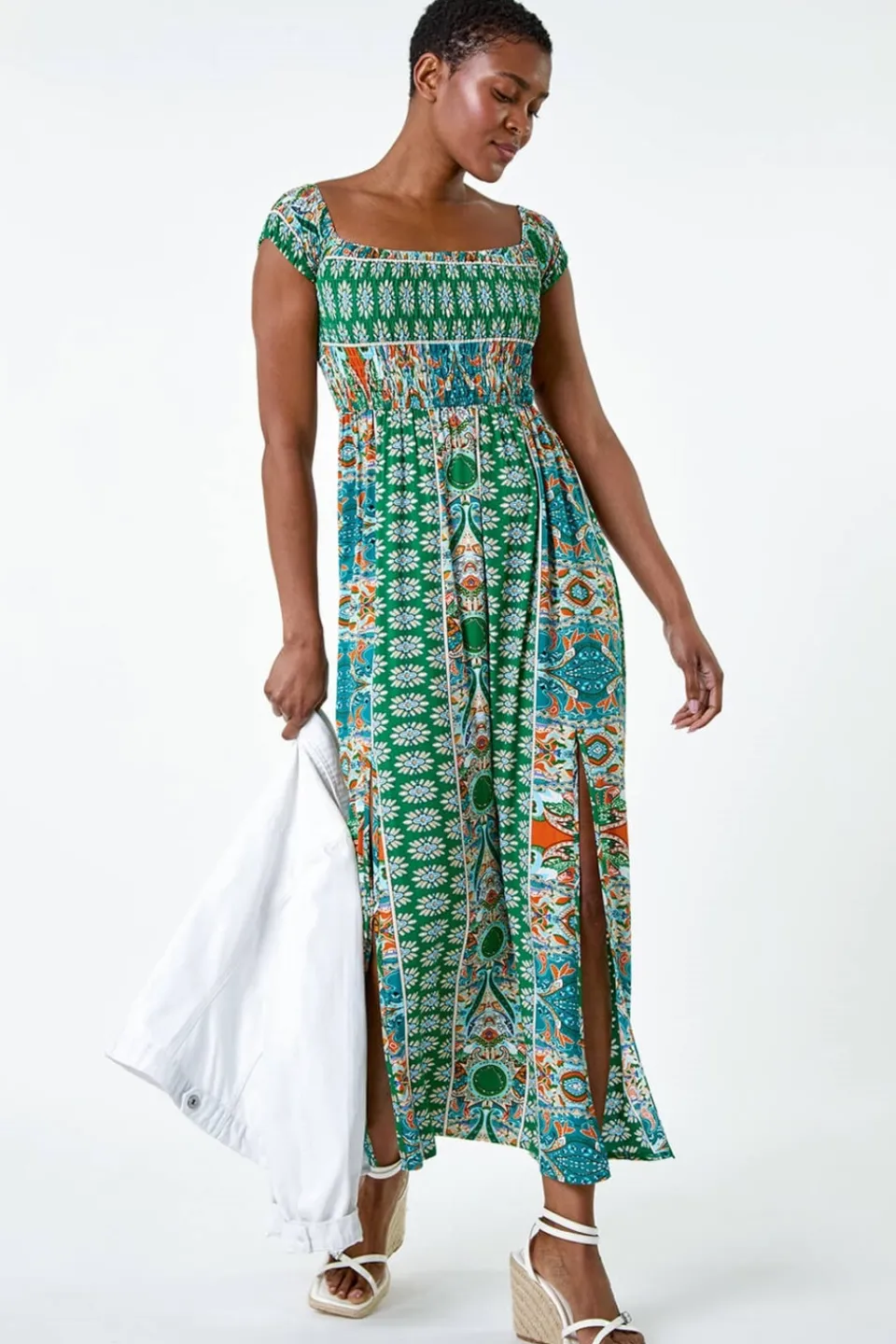 Dresses>Roman Green Patchwork Shirred Bardot Maxi Dress