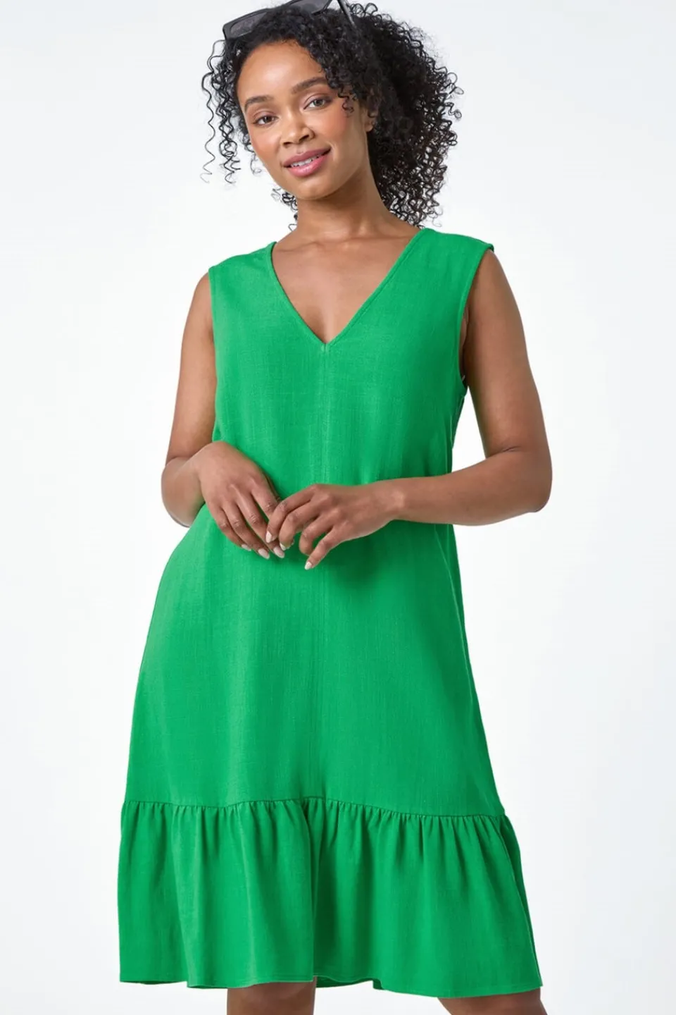 Dresses>Roman Green Petite Cut Out Back Frill Hem Dress