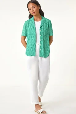 Tops>Roman Green Petite Geometric Buttoned Blouse