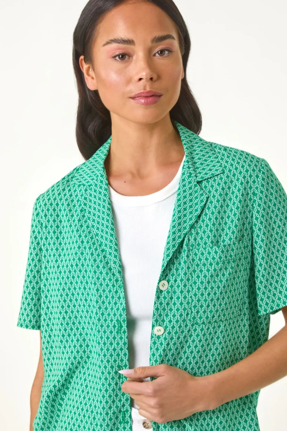 Tops>Roman Green Petite Geometric Buttoned Blouse