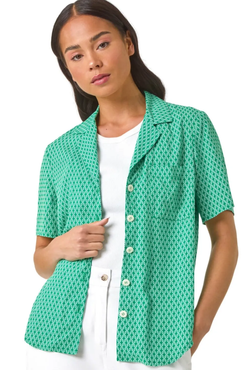 Tops>Roman Green Petite Geometric Buttoned Blouse