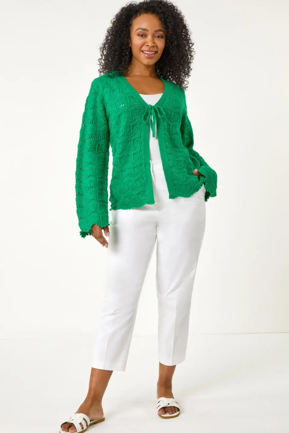 Tops>Roman Petite Plain Knitted Tie Cardigan Green