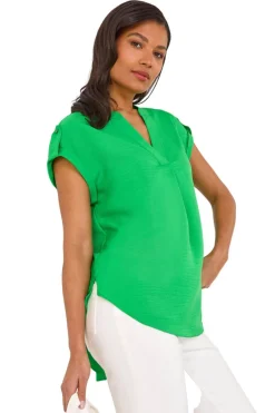 Tops>Roman Green Pleated Notch Neck Top