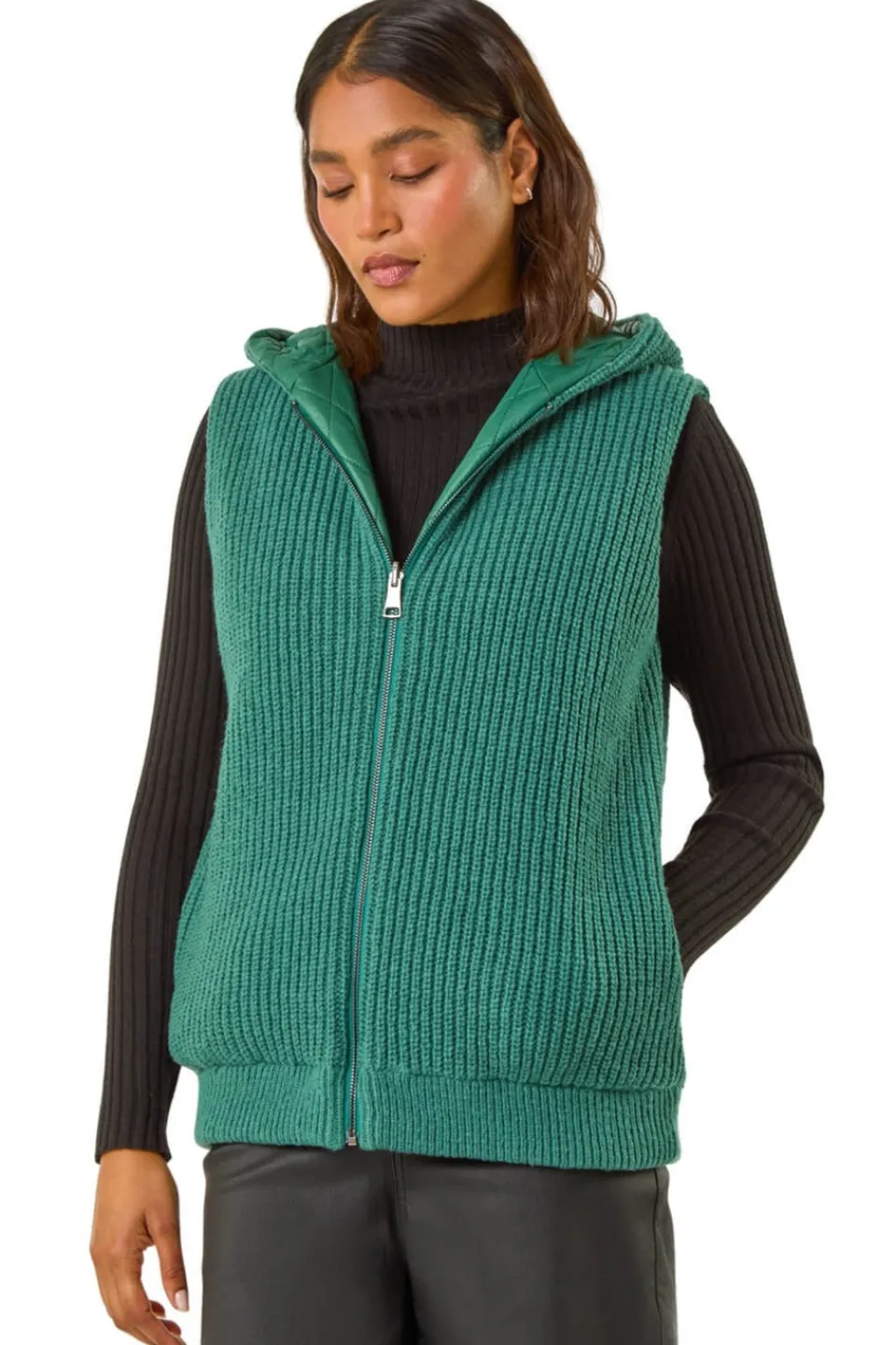 Tops>Roman Reversible Hooded Knit Gilet Green
