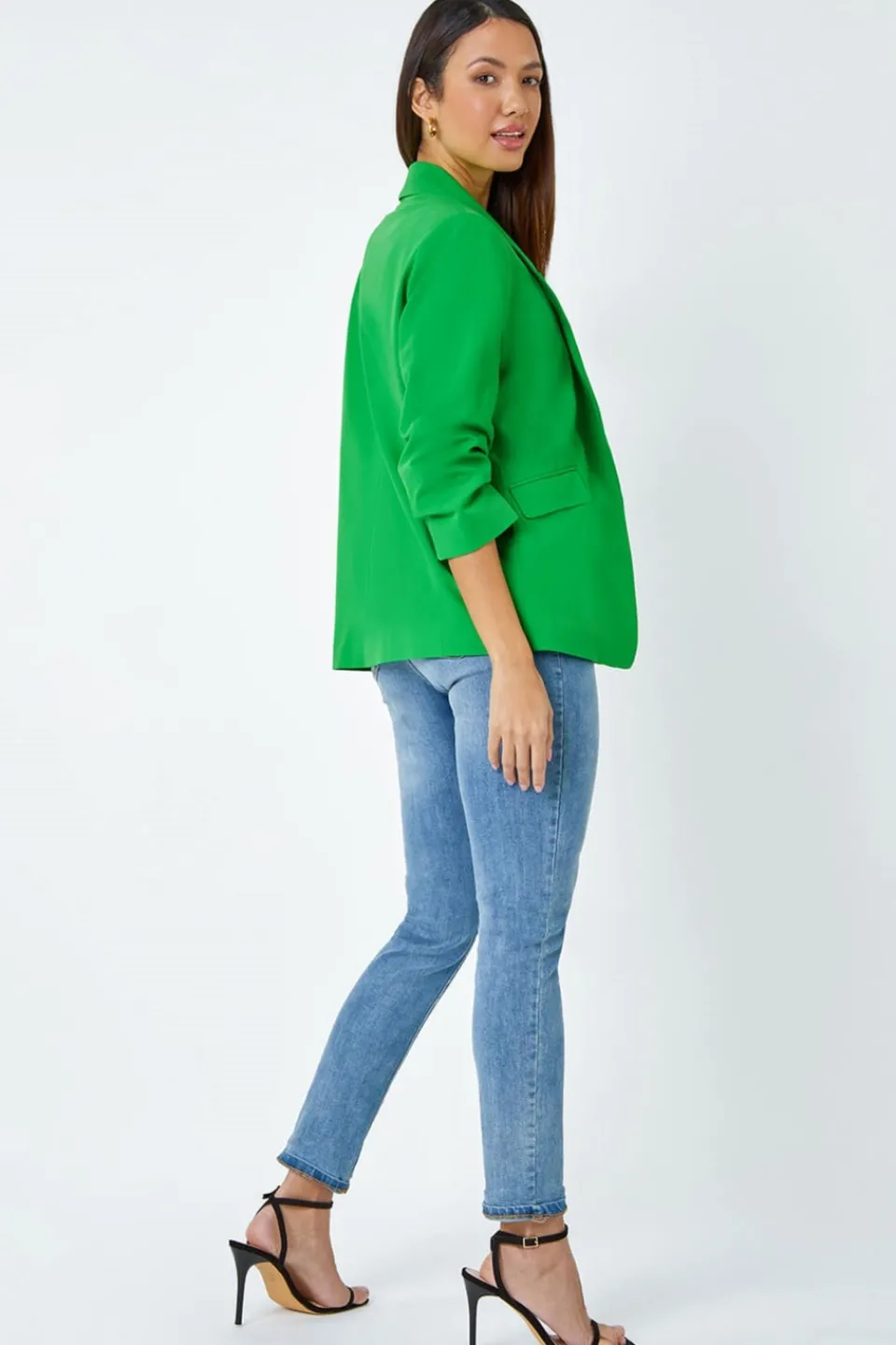 Coats & Jackets>Roman Ruched 3/4 Sleeve Stretch Blazer Green