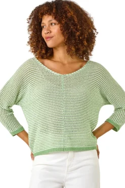 Tops>Roman Green Stitch Detail Knit Jumper