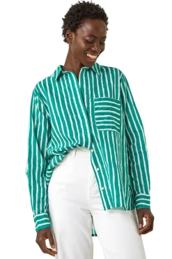 Tops>Roman Green Stripe Linear Print V-Neck Button Shirt