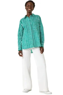 Tops>Roman Green Stripe Linear Print V-Neck Button Shirt