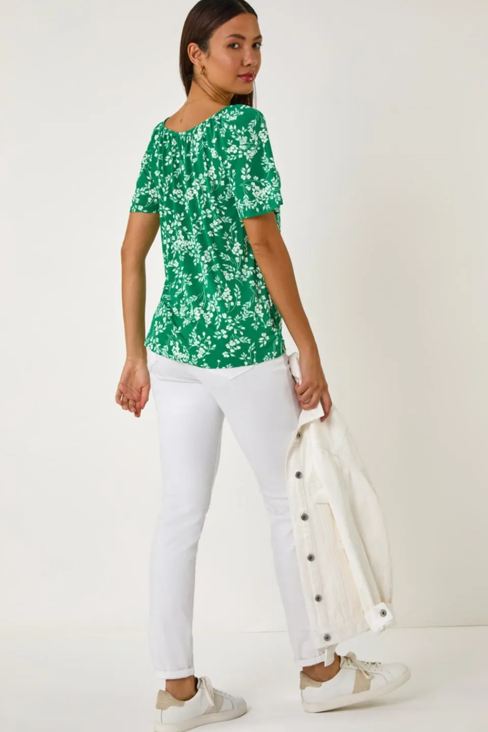 Tops>Roman Green Textured Ditsy Floral Print Stretch Top