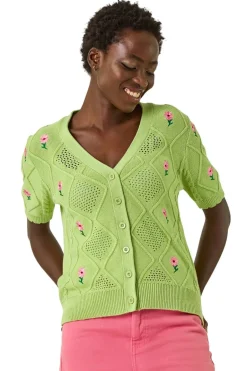 Tops>Roman Green Textured Floral Embroidered Cardigan