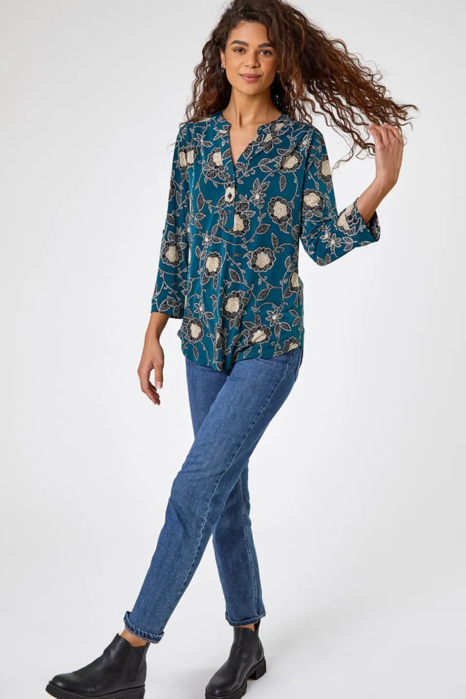 T-Shirts>Roman Green Textured Floral Print Notch Neck Top