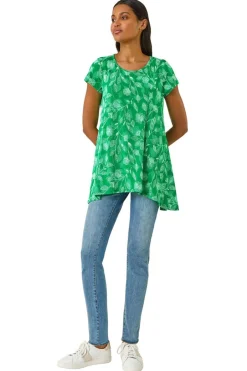 Tops>Roman Green Textured Floral Print Tunic Top