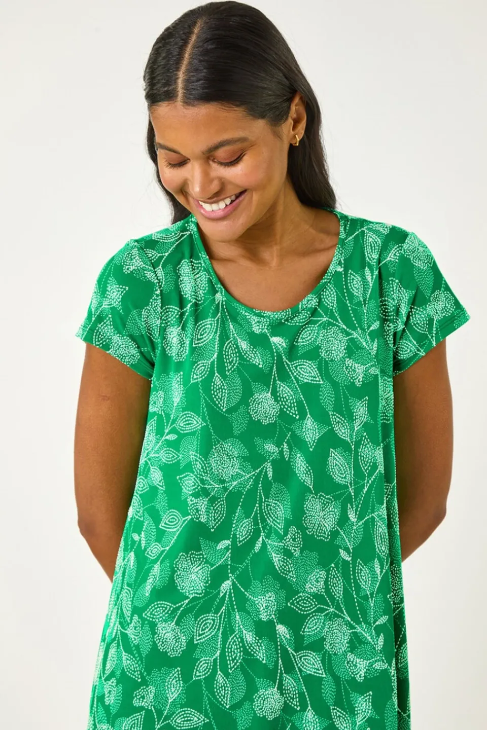 Tops>Roman Green Textured Floral Print Tunic Top