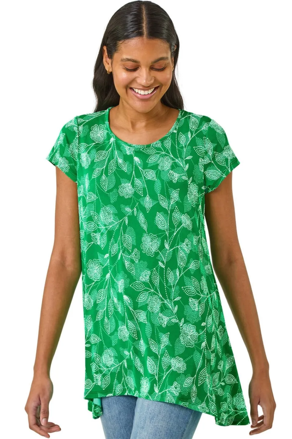 Tops>Roman Green Textured Floral Print Tunic Top