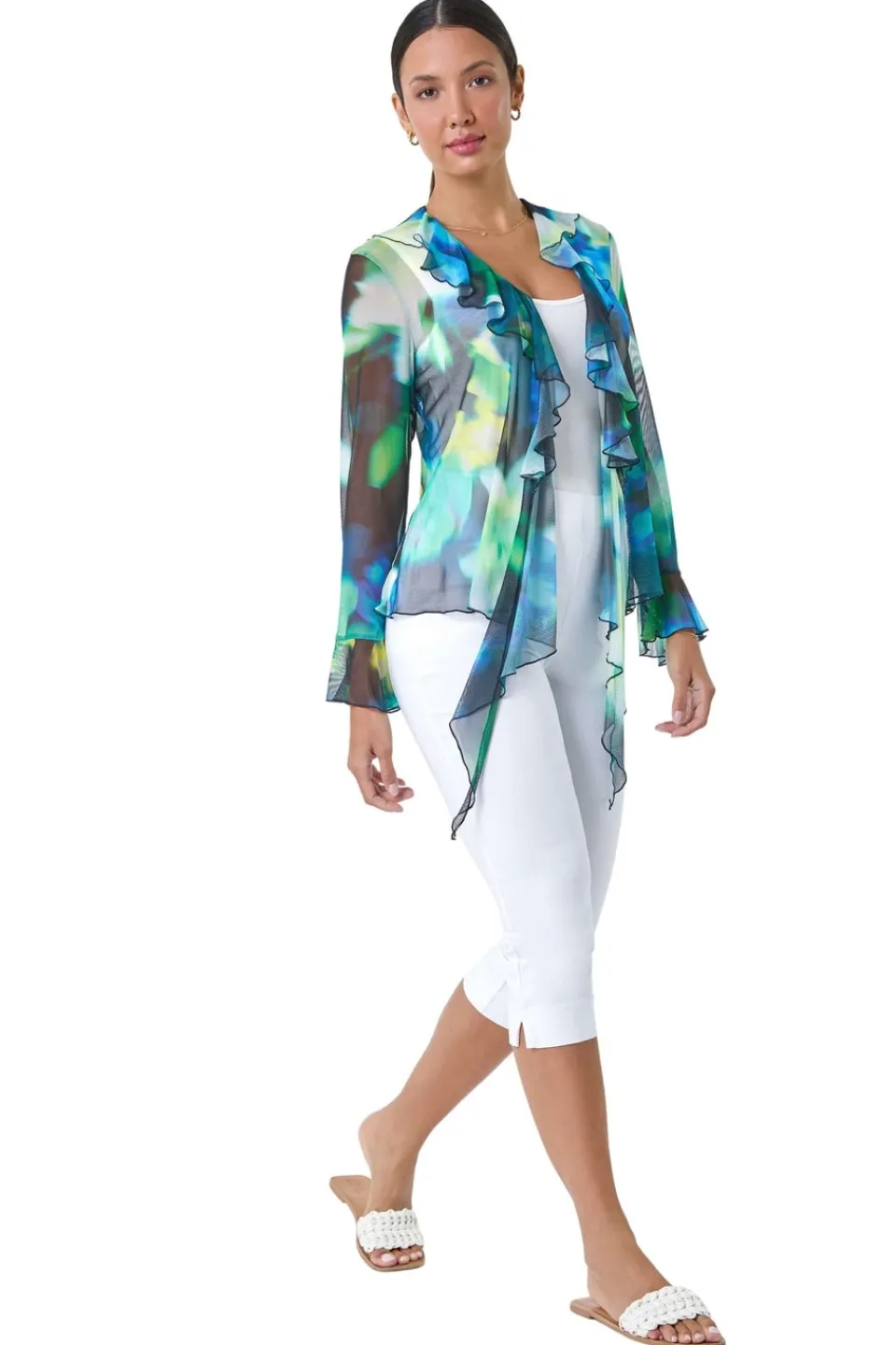 Tops>Roman Green Tie Frill Detail V Neck Stretch Mesh Top