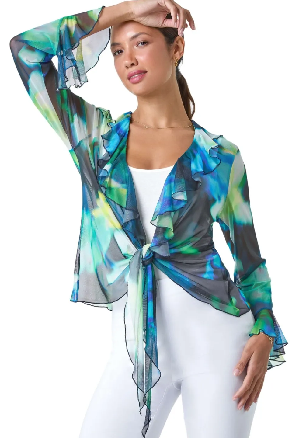 Tops>Roman Green Tie Frill Detail V Neck Stretch Mesh Top