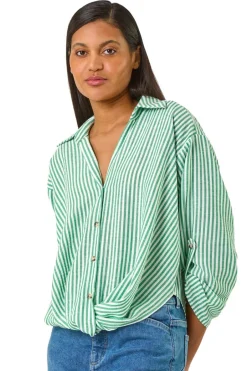 Tops>Roman Green Twisted Hem Striped Shirt