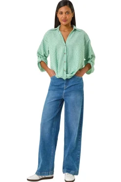 Tops>Roman Green Twisted Hem Striped Shirt