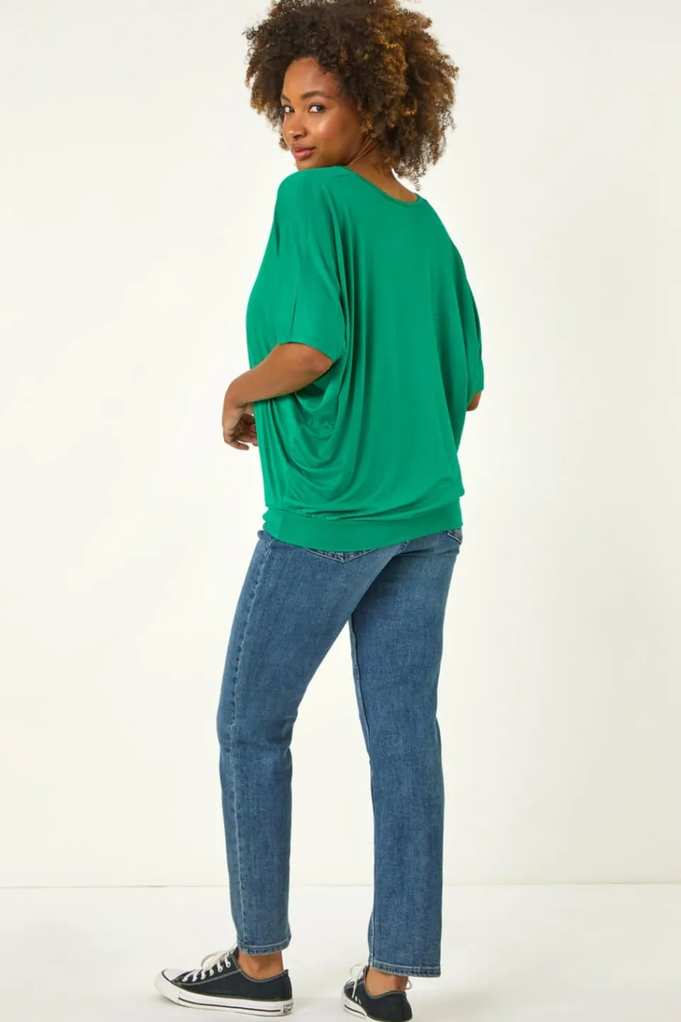 Tops>Roman Green V Neck Grown On Sleeve Stretch Top