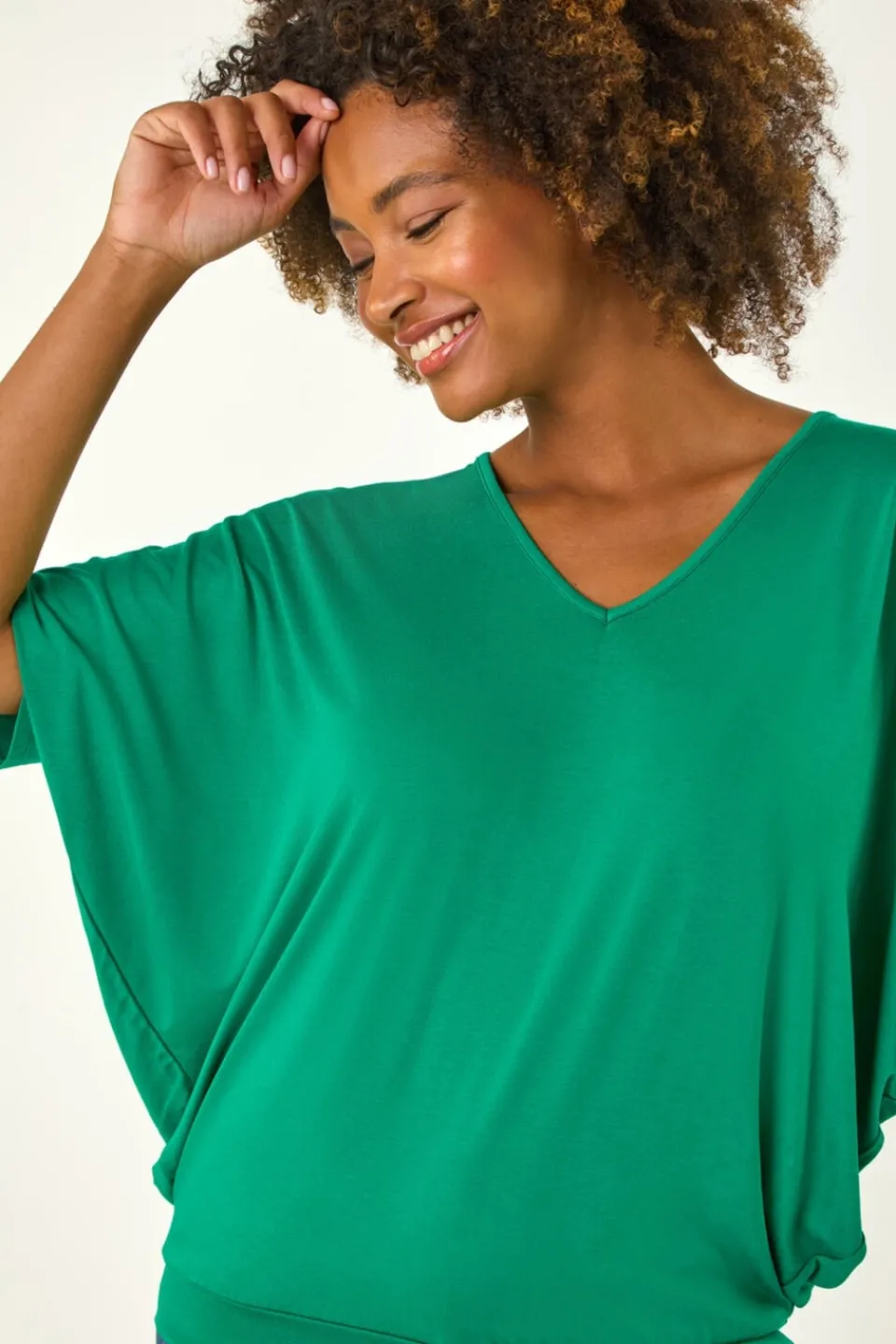 Tops>Roman Green V Neck Grown On Sleeve Stretch Top
