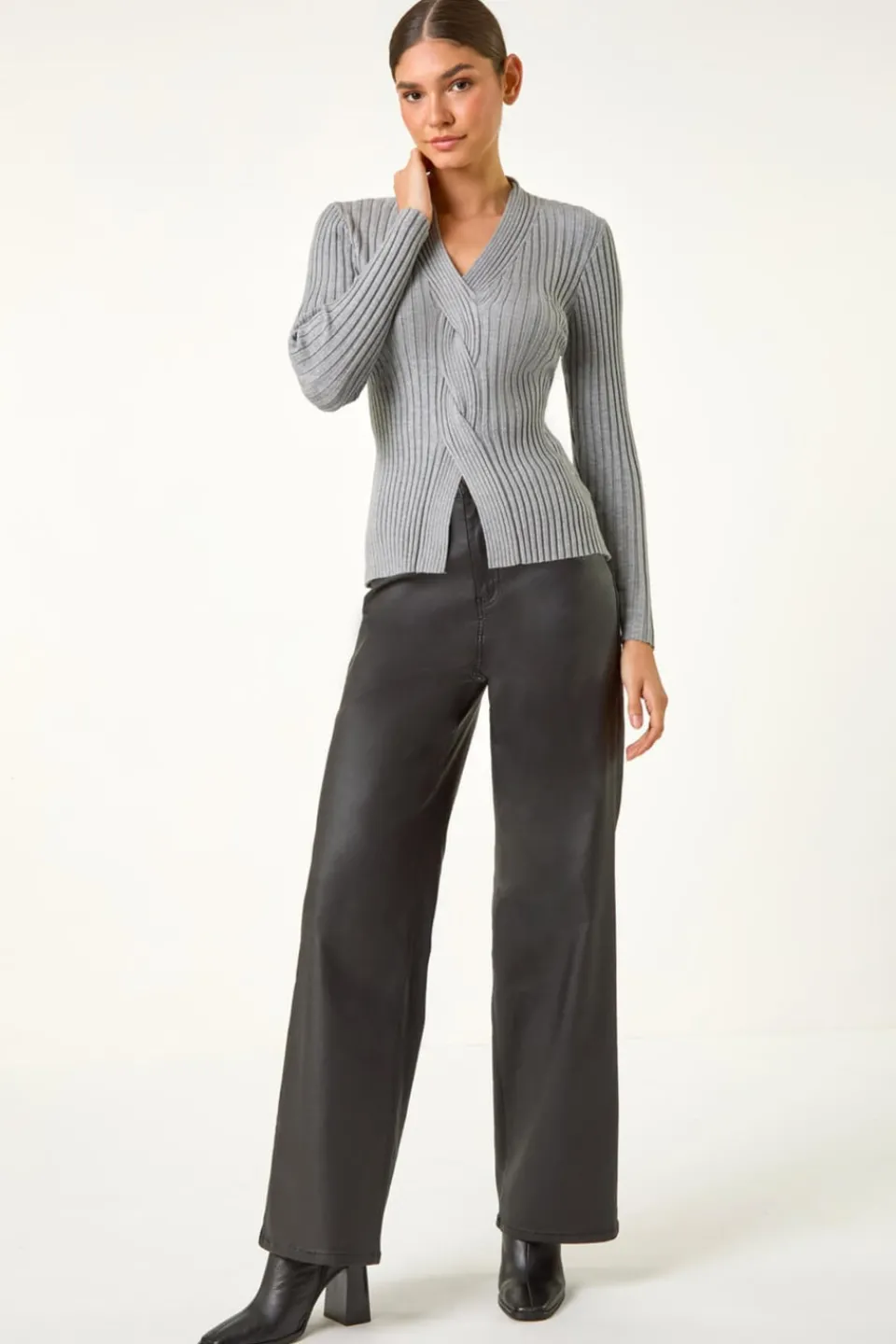 Tops>Roman Cable Split Detail Rib Jumper Grey