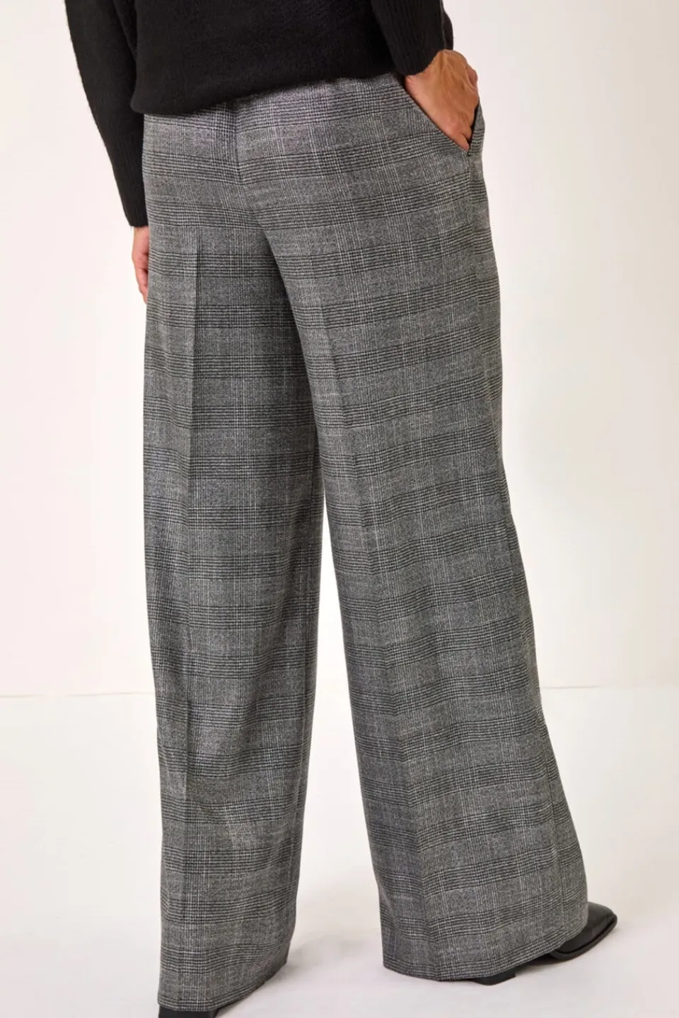 Trousers>Roman Grey Check Print Tie Front Wide leg Tie Trouser