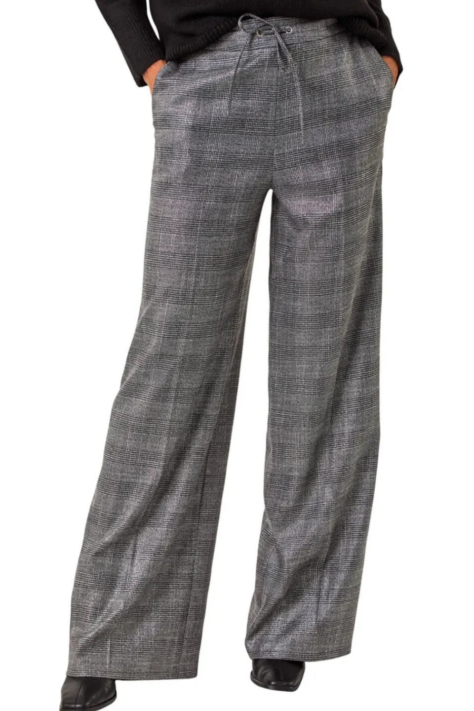 Trousers>Roman Grey Check Print Tie Front Wide leg Tie Trouser