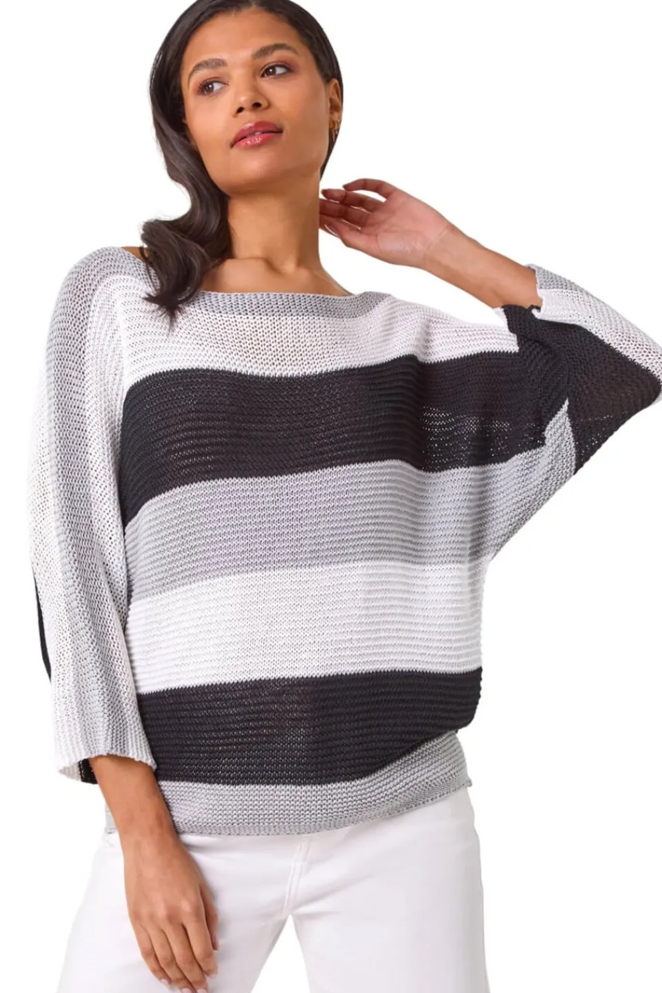 Tops>Roman Grey Colourblock Stripe Knit Jumper