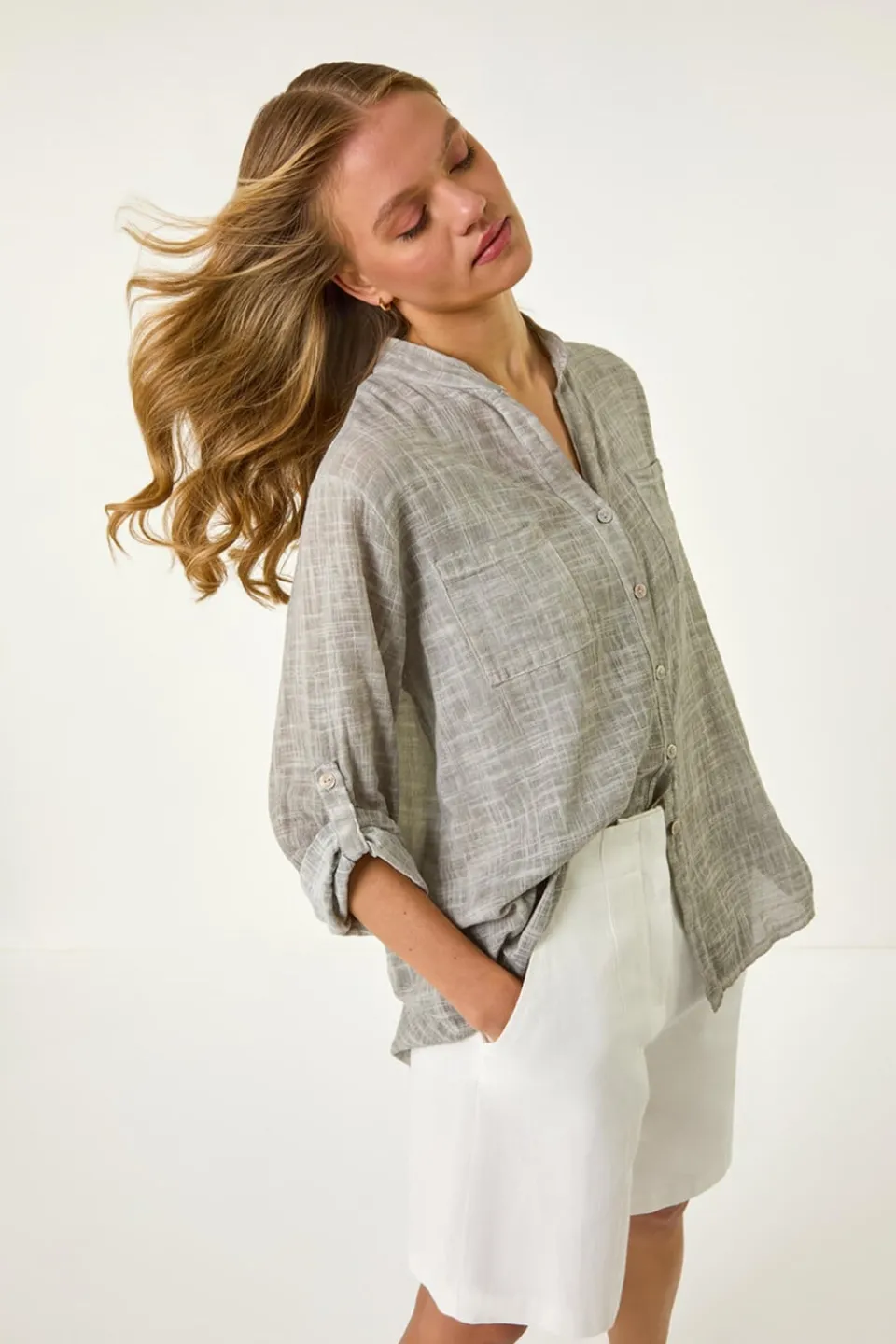 Tops>Roman Grey Cotton Button Through Shirt