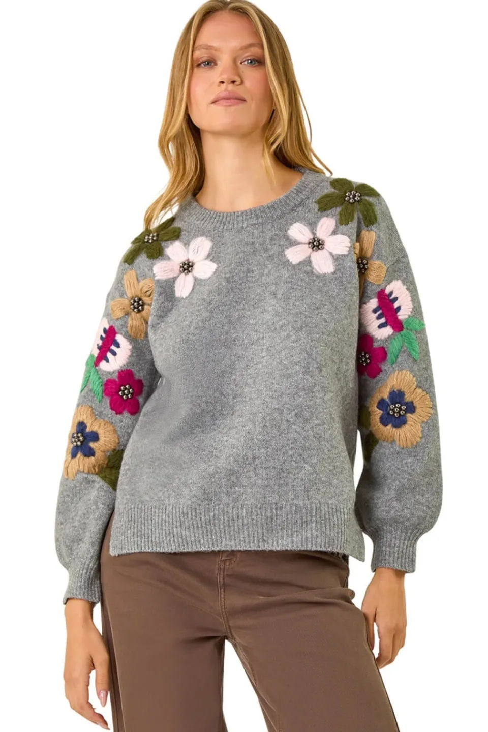 Tops>Roman Grey Floral Emellished Jumper
