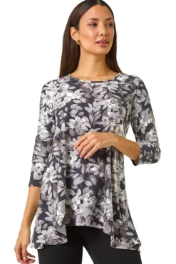 Tops>Roman Grey Floral Print Swing Top