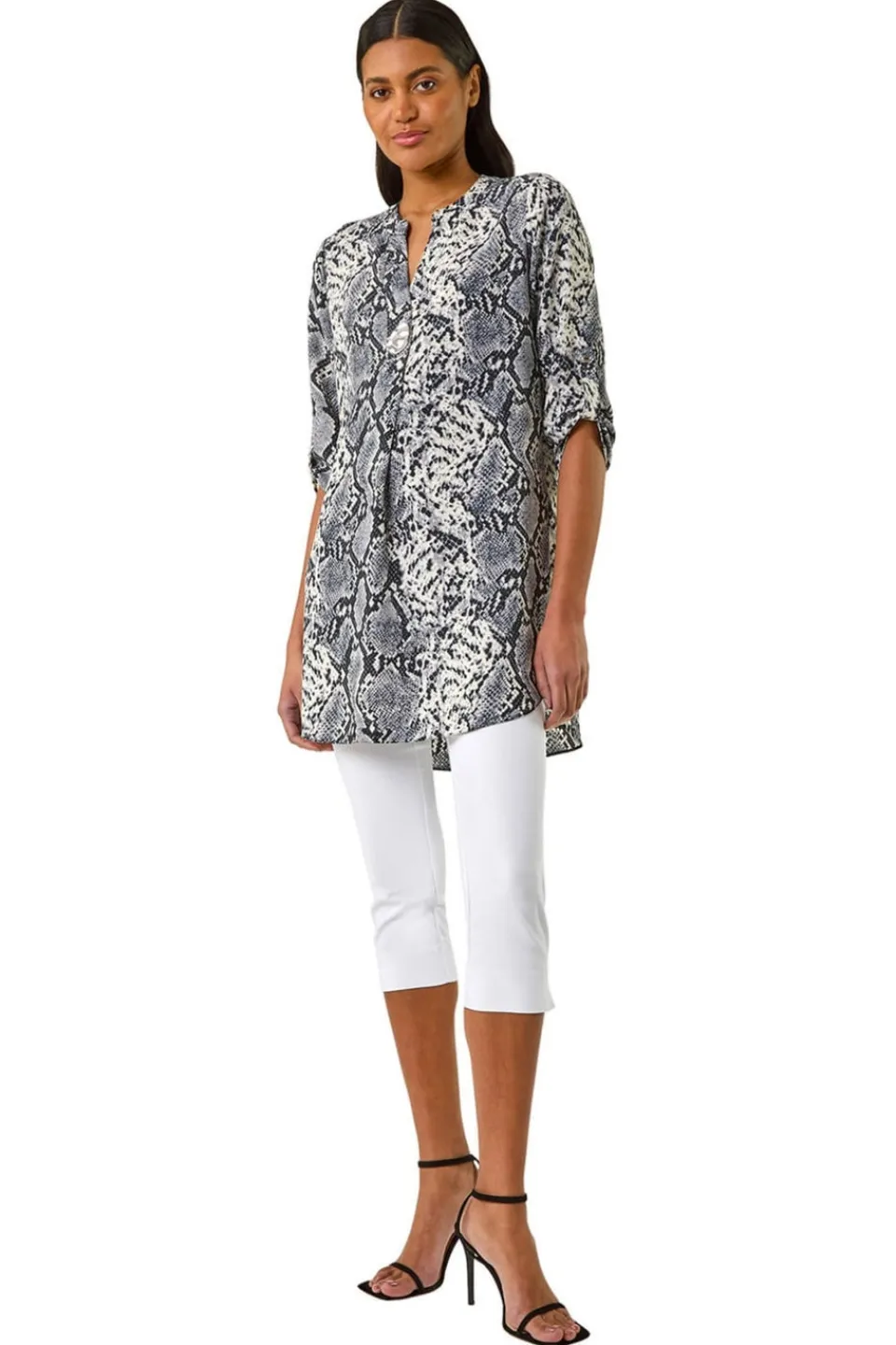 Tops>Roman Grey Snake Print V Neck Top